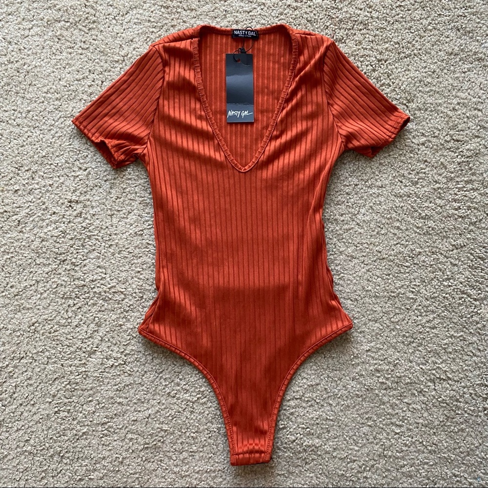 Nasty Gal Orange Ribbed V-Neck Bodysuit